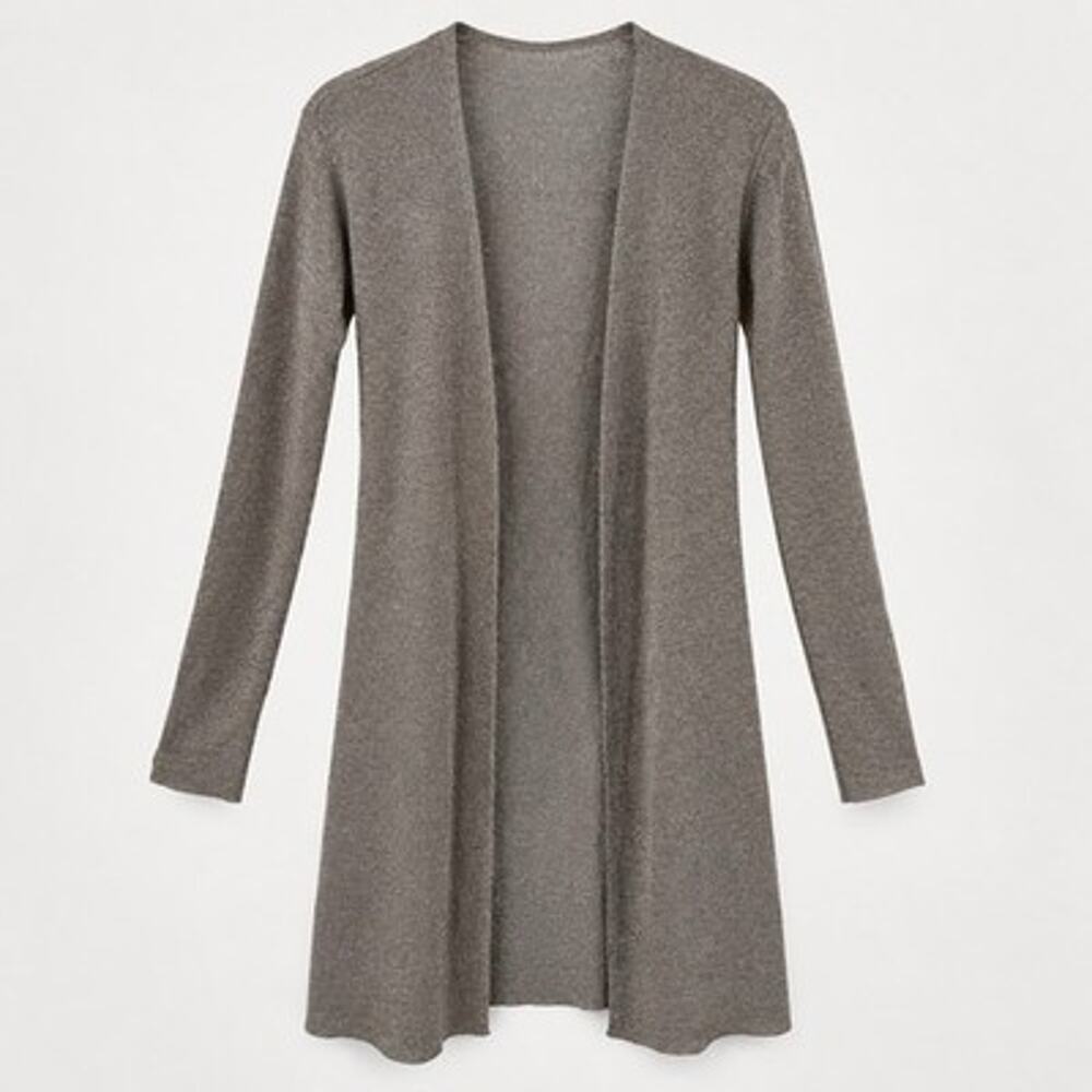 Chicos Gray Silver Metallic Open Cardigan size Small Slinky Knit Holiday Shrug